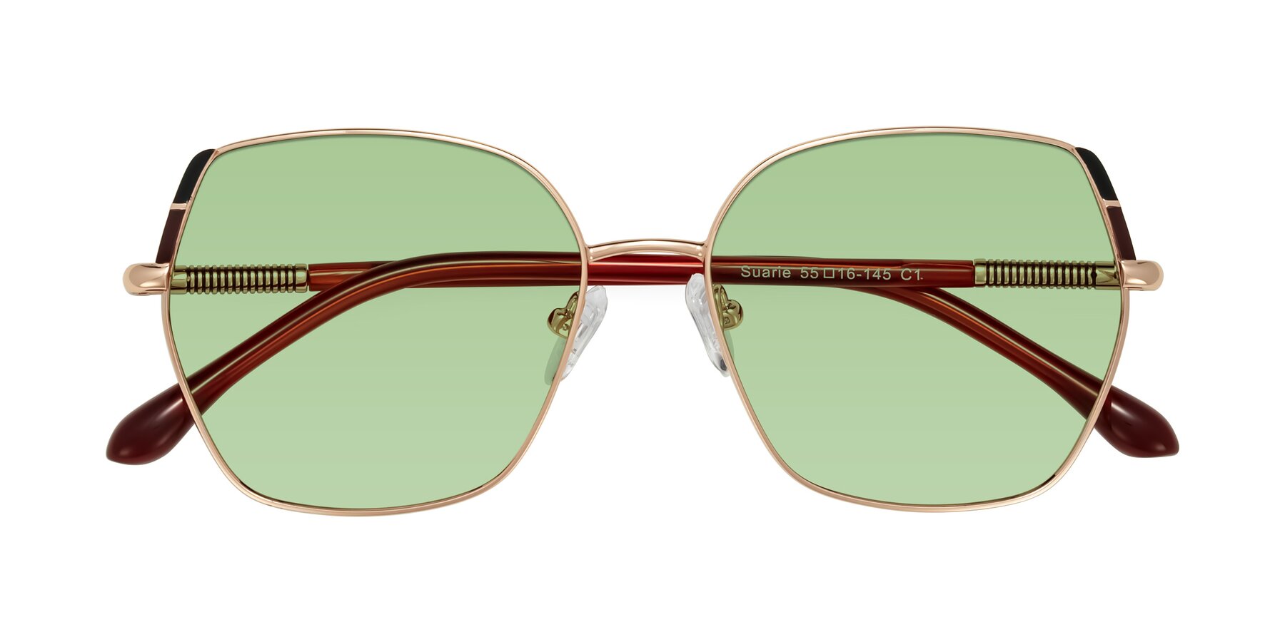Folded Front of Suarie in Rose Gold/Red with Medium Green Tinted Lenses