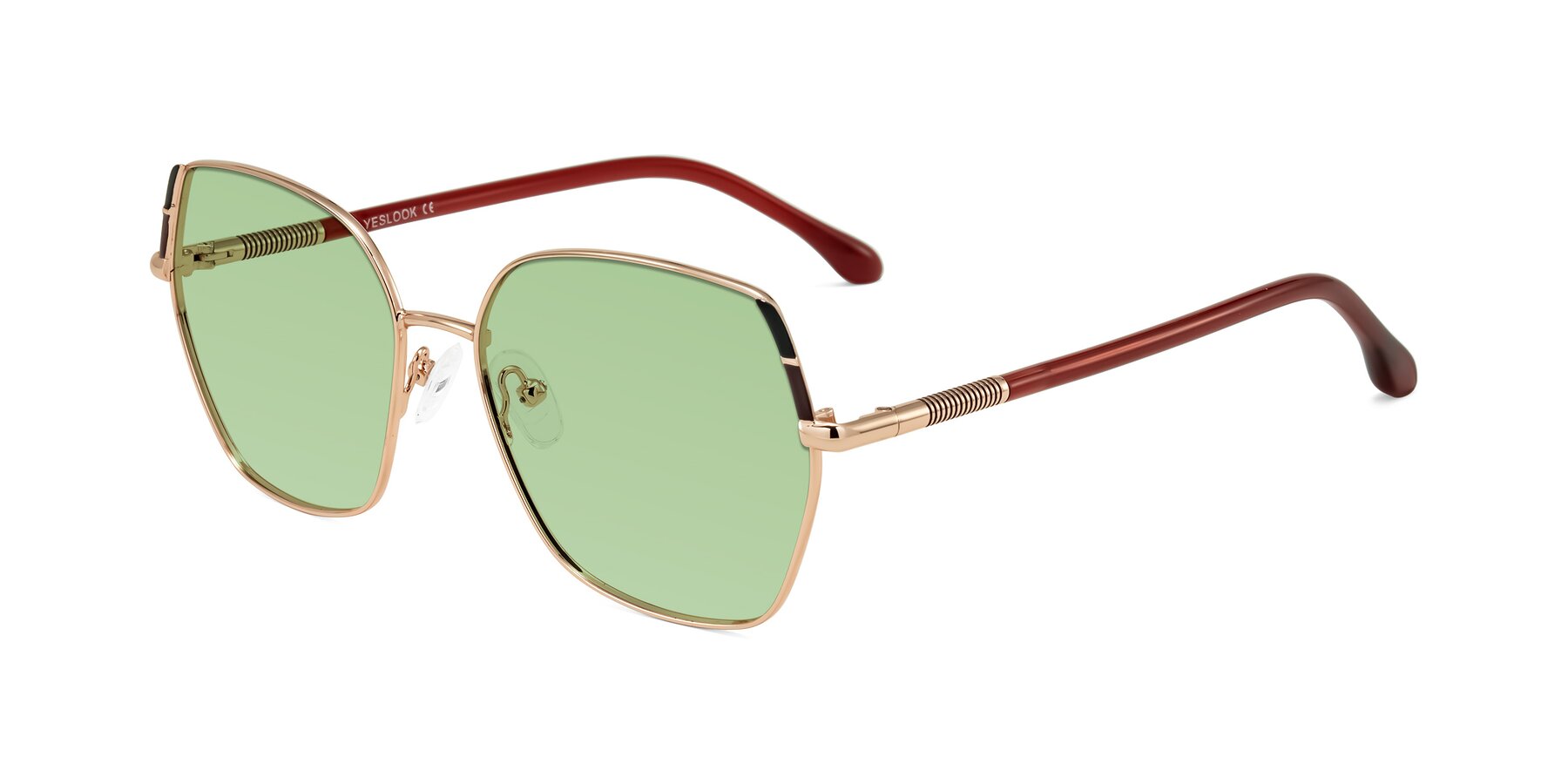 Angle of Suarie in Rose Gold/Red with Medium Green Tinted Lenses