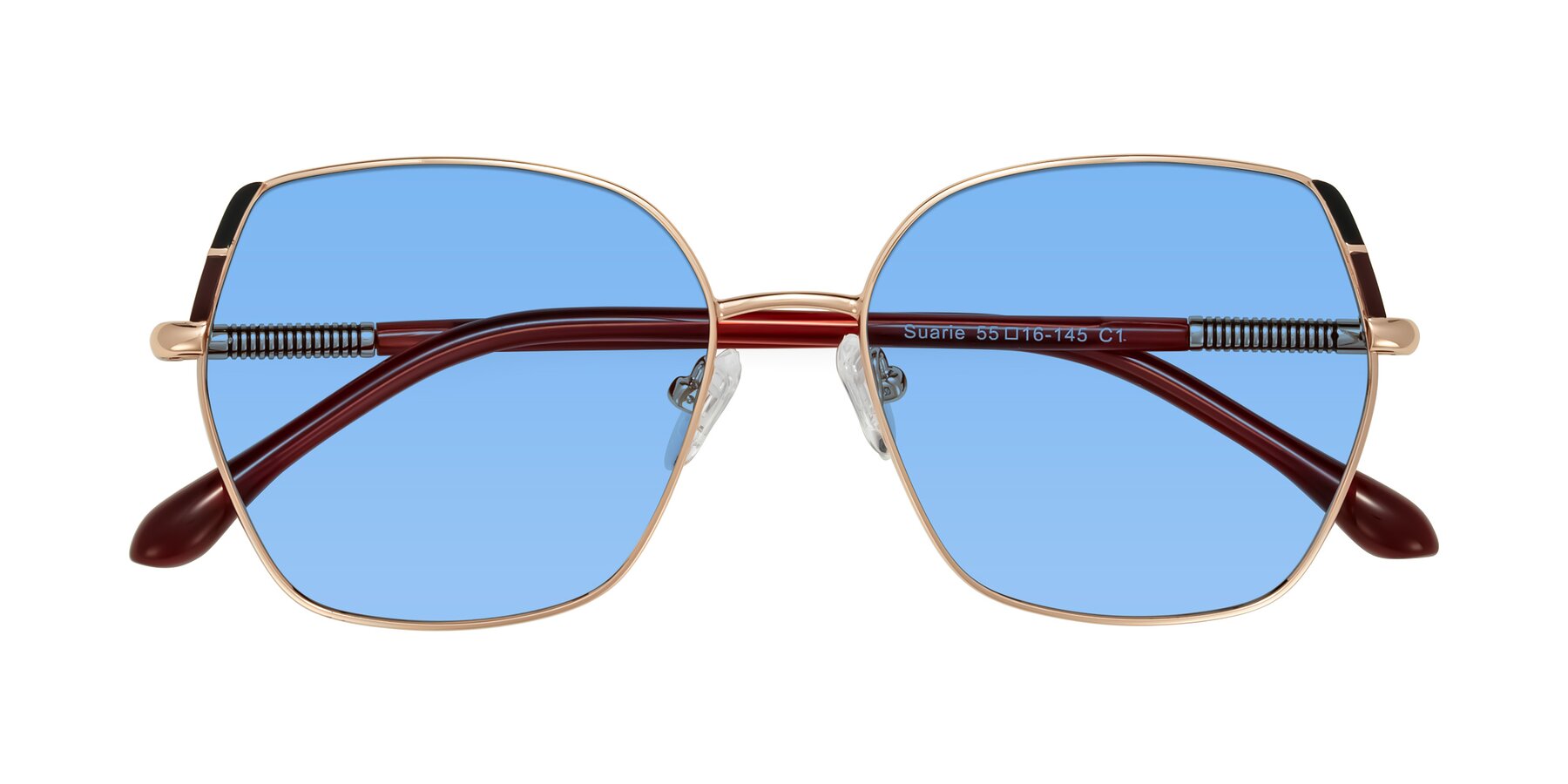 Folded Front of Suarie in Rose Gold/Red with Medium Blue Tinted Lenses