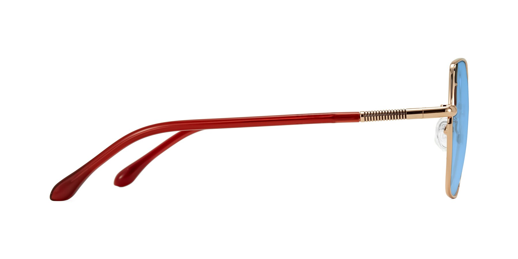 Side of Suarie in Rose Gold/Red with Medium Blue Tinted Lenses