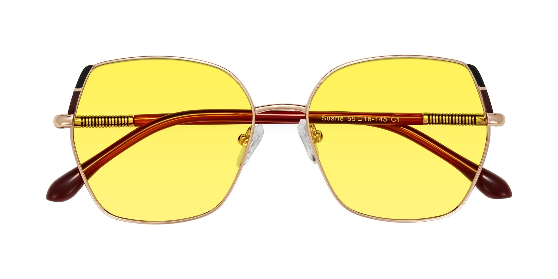 Folded Front of Suarie in Rose Gold/Red with Medium Yellow Tinted Lenses