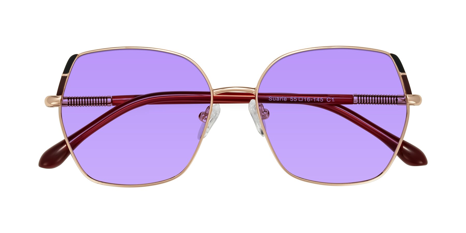 Folded Front of Suarie in Rose Gold/Red with Medium Purple Tinted Lenses