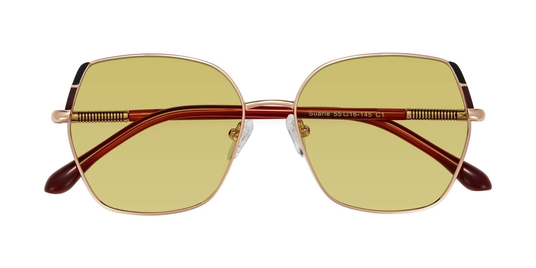 Folded Front of Suarie in Rose Gold/Red with Medium Champagne Tinted Lenses
