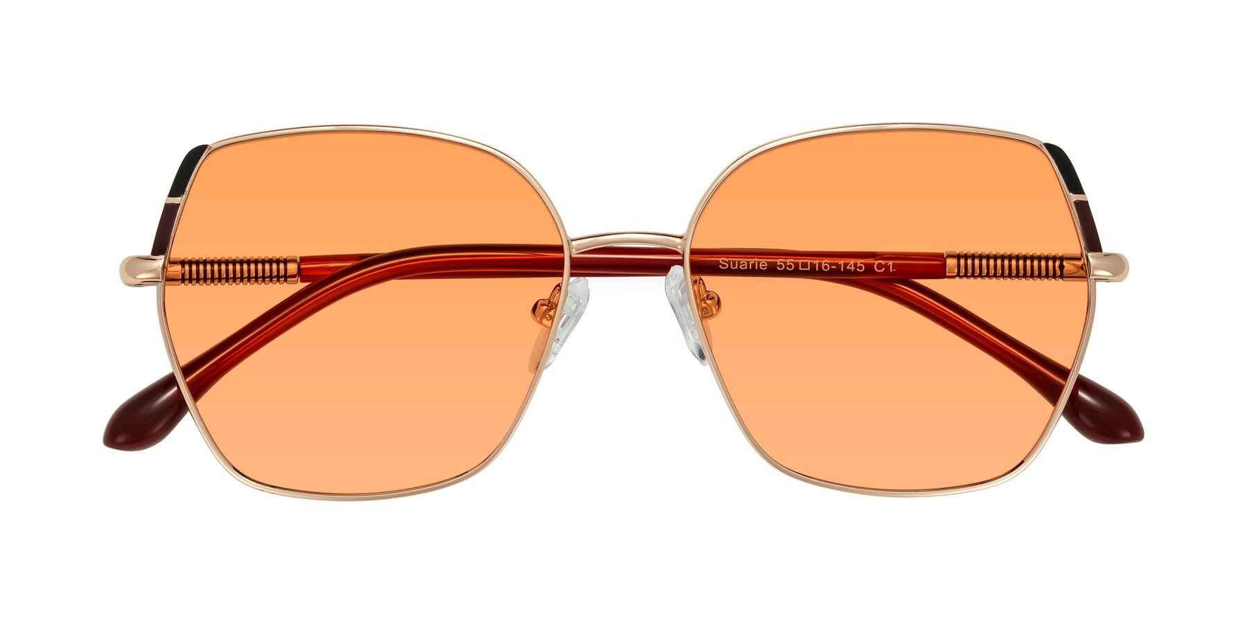 Folded Front of Suarie in Rose Gold/Red with Medium Orange Tinted Lenses