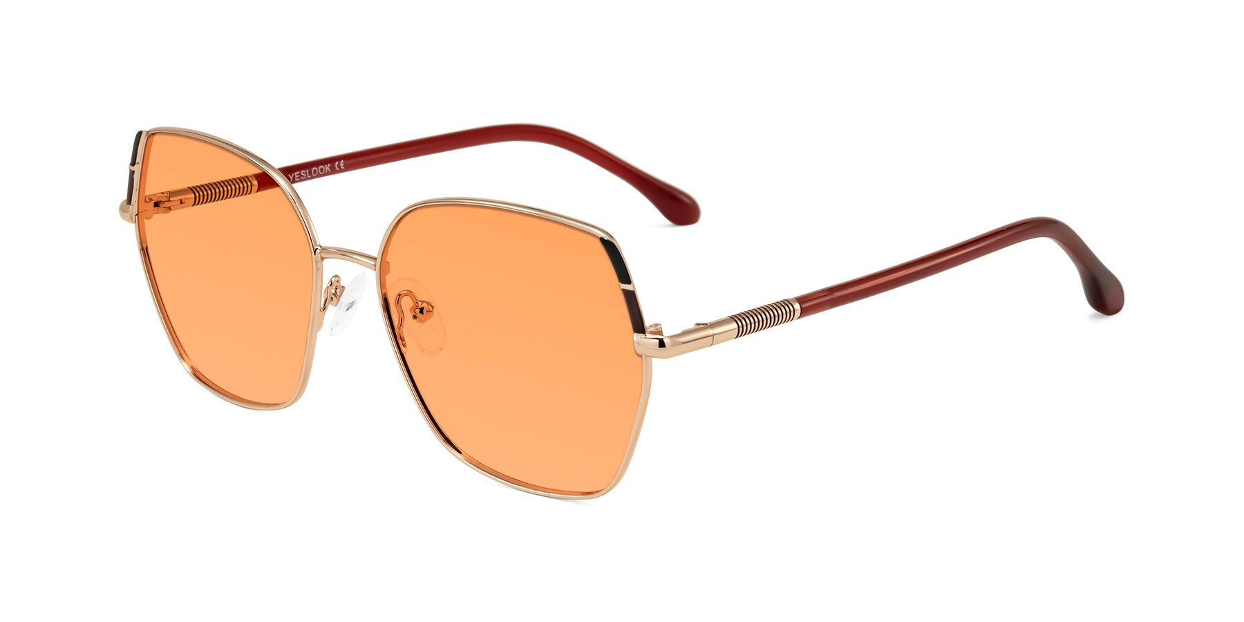 Angle of Suarie in Rose Gold/Red with Medium Orange Tinted Lenses