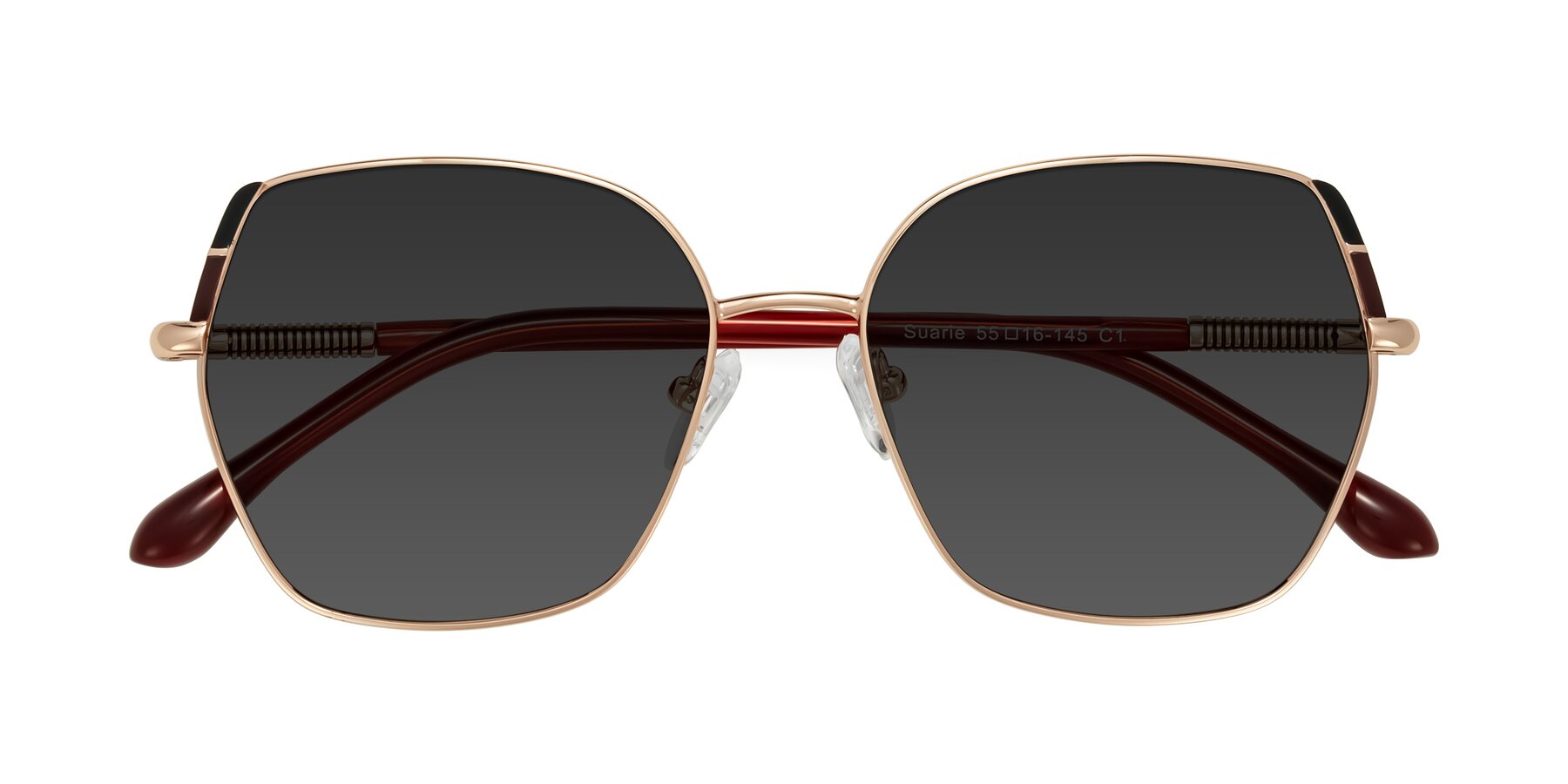 Folded Front of Suarie in Rose Gold/Red with Gray Tinted Lenses