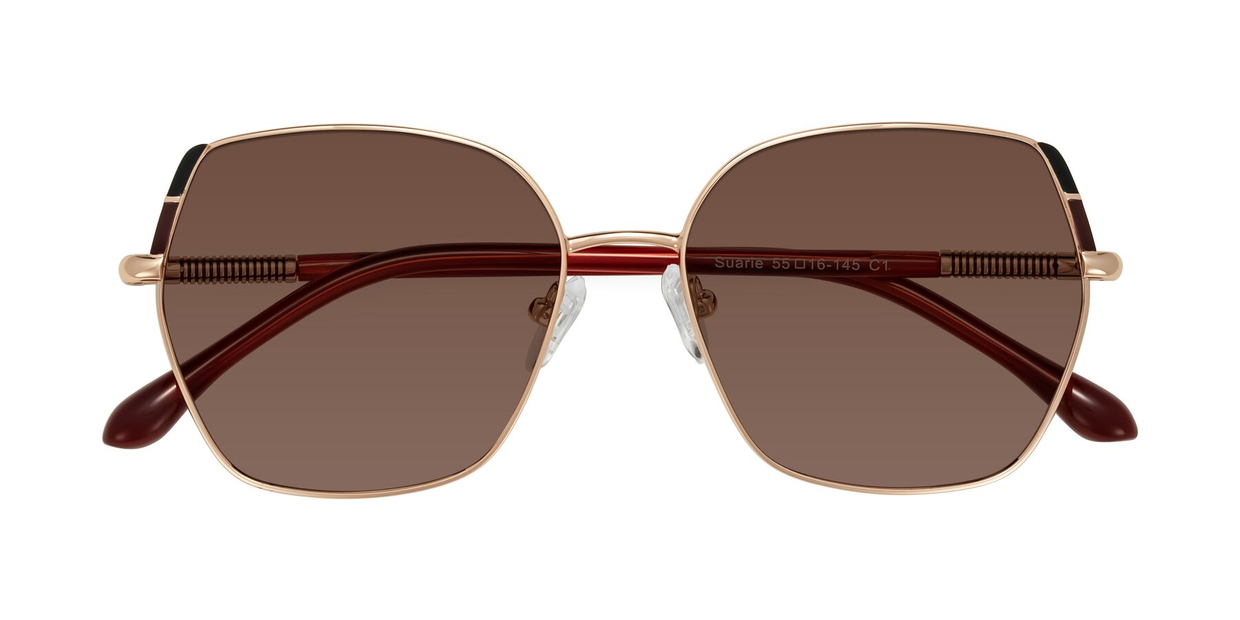 Folded Front of Suarie in Rose Gold/Red with Brown Tinted Lenses