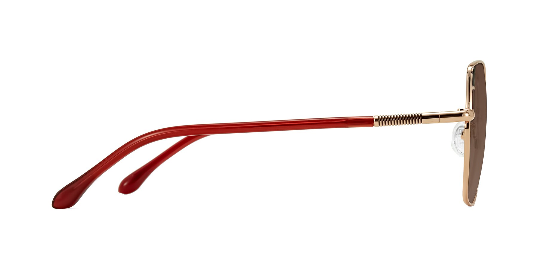 Side of Suarie in Rose Gold/Red with Brown Tinted Lenses