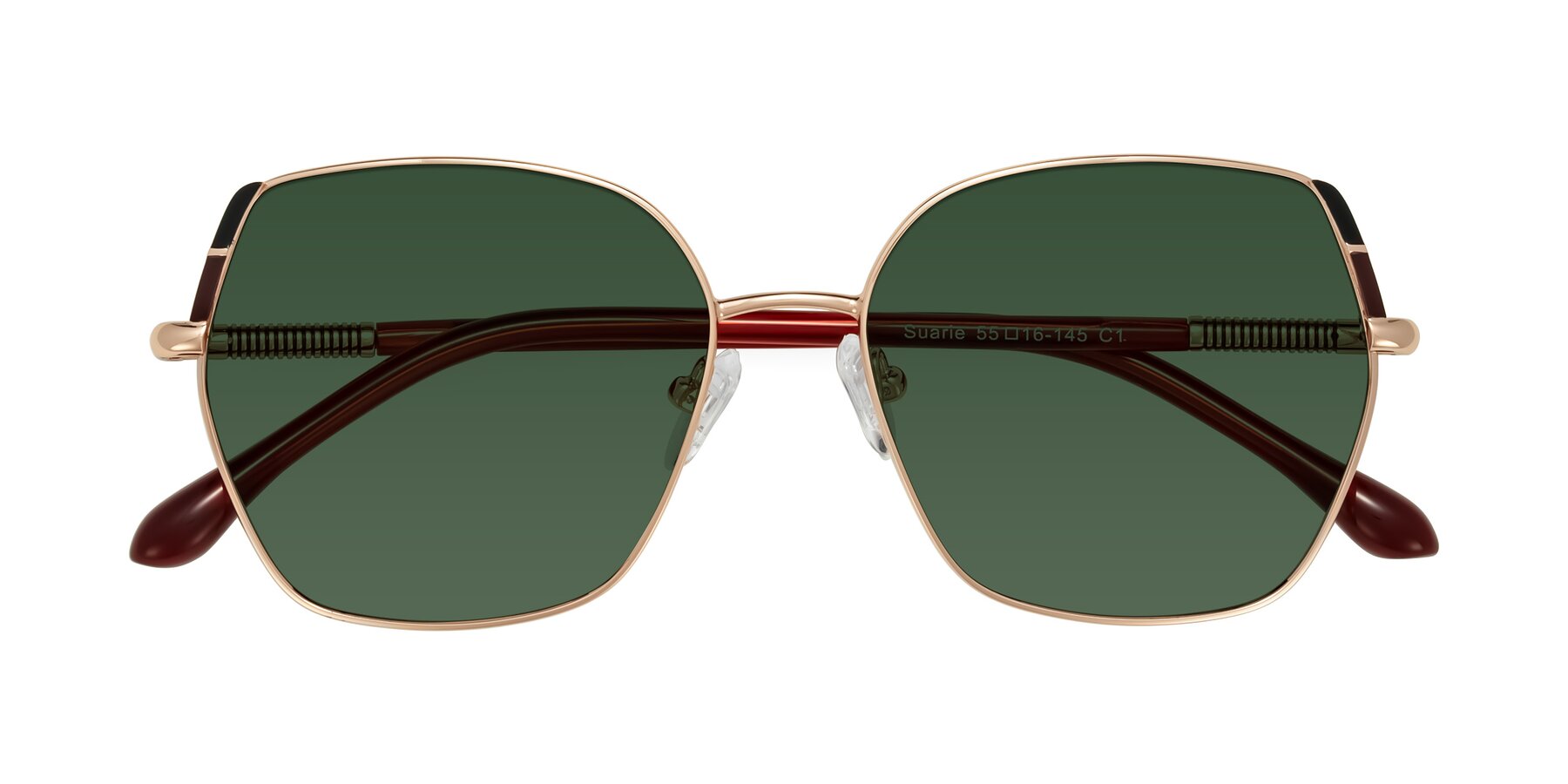 Folded Front of Suarie in Rose Gold/Red with Green Tinted Lenses
