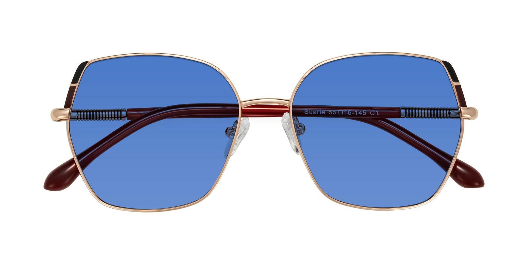 Folded Front of Suarie in Rose Gold/Red with Blue Tinted Lenses