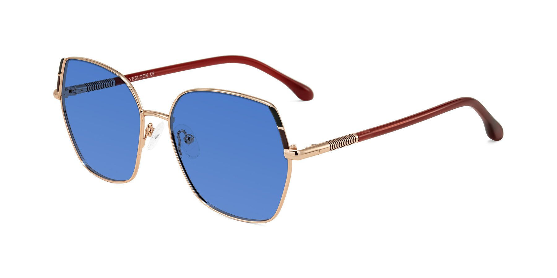 Angle of Suarie in Rose Gold/Red with Blue Tinted Lenses