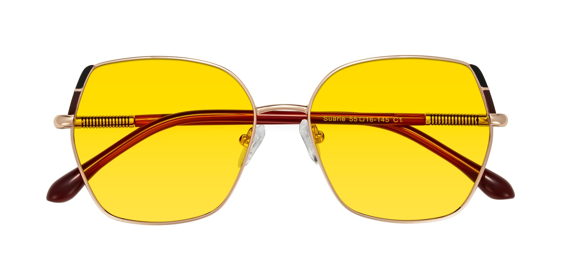 Folded Front of Suarie in Rose Gold/Red with Yellow Tinted Lenses