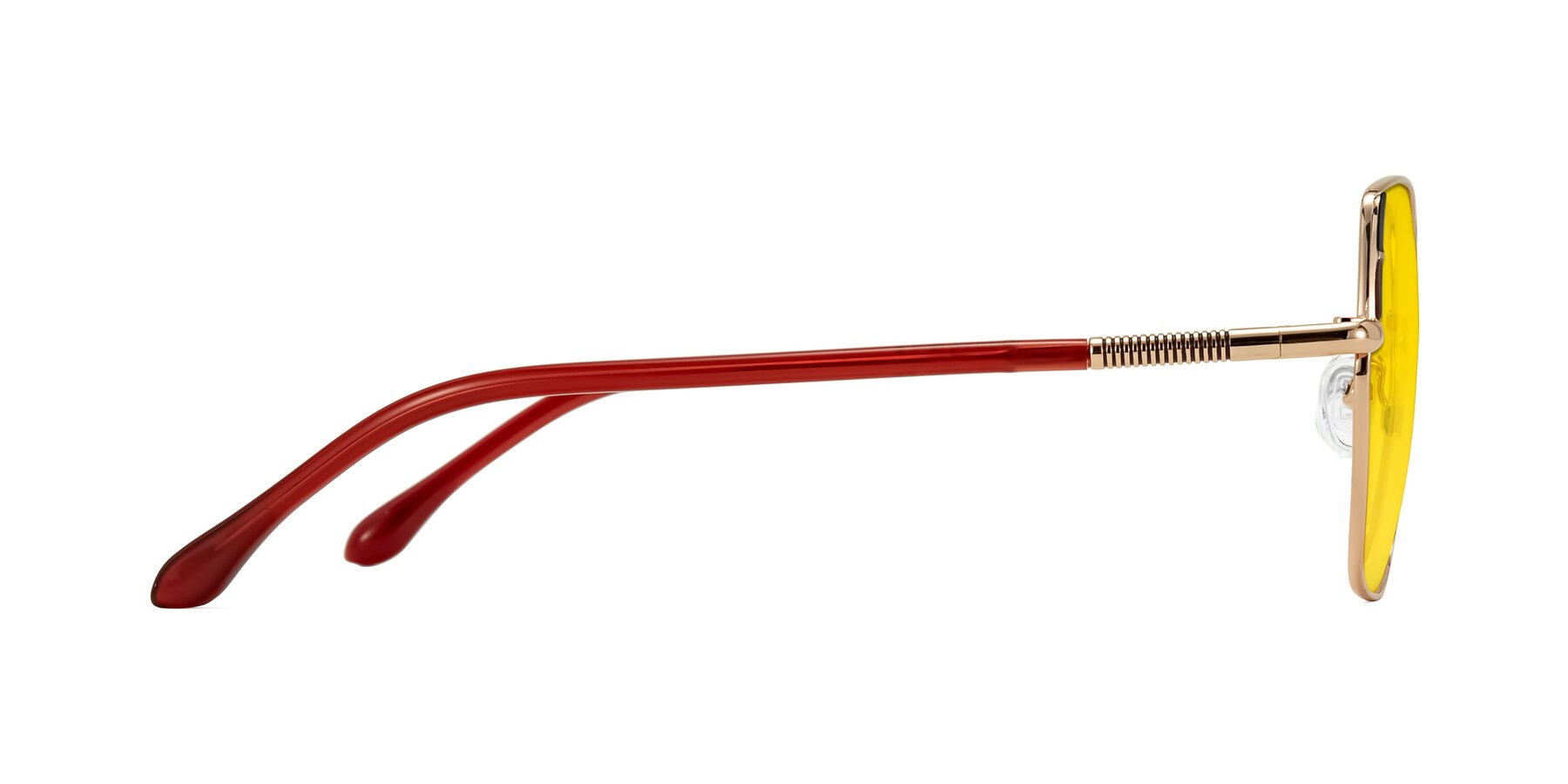 Side of Suarie in Rose Gold/Red with Yellow Tinted Lenses