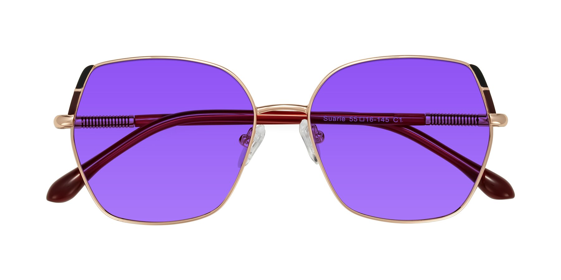 Folded Front of Suarie in Rose Gold/Red with Purple Tinted Lenses