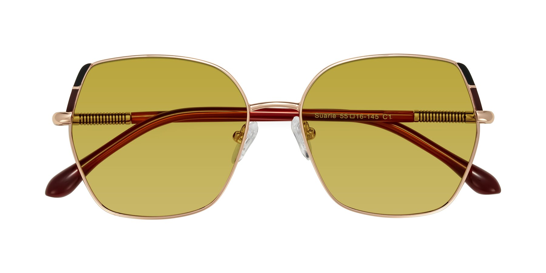 Folded Front of Suarie in Rose Gold/Red with Champagne Tinted Lenses