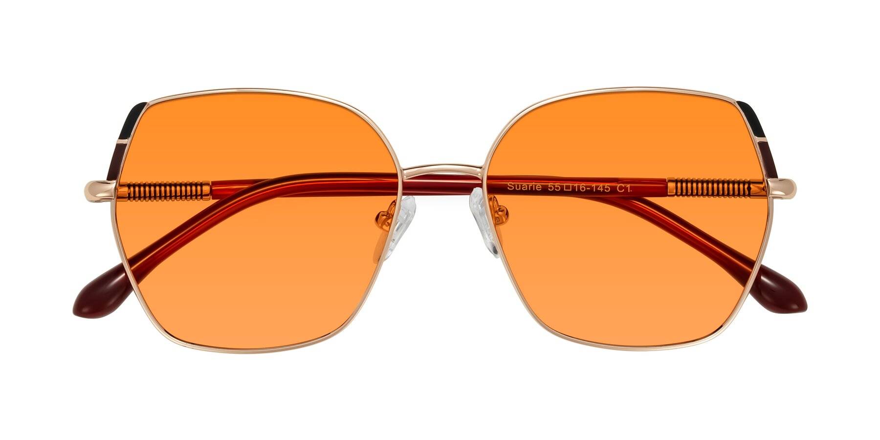 Folded Front of Suarie in Rose Gold/Red with Orange Tinted Lenses