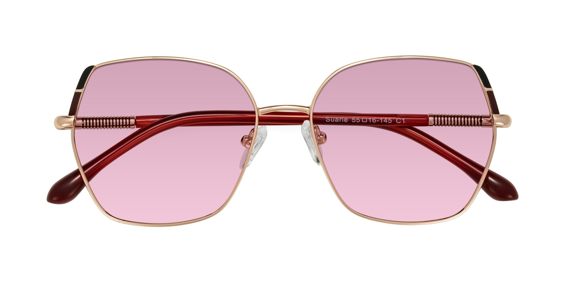 Folded Front of Suarie in Rose Gold/Red with Light Wine Tinted Lenses