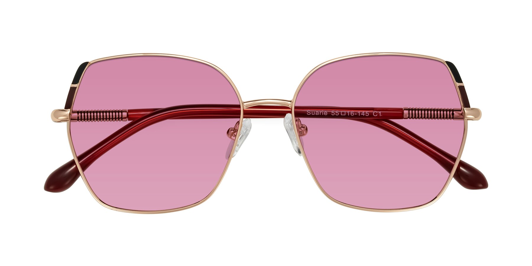 Folded Front of Suarie in Rose Gold/Red with Medium Wine Tinted Lenses