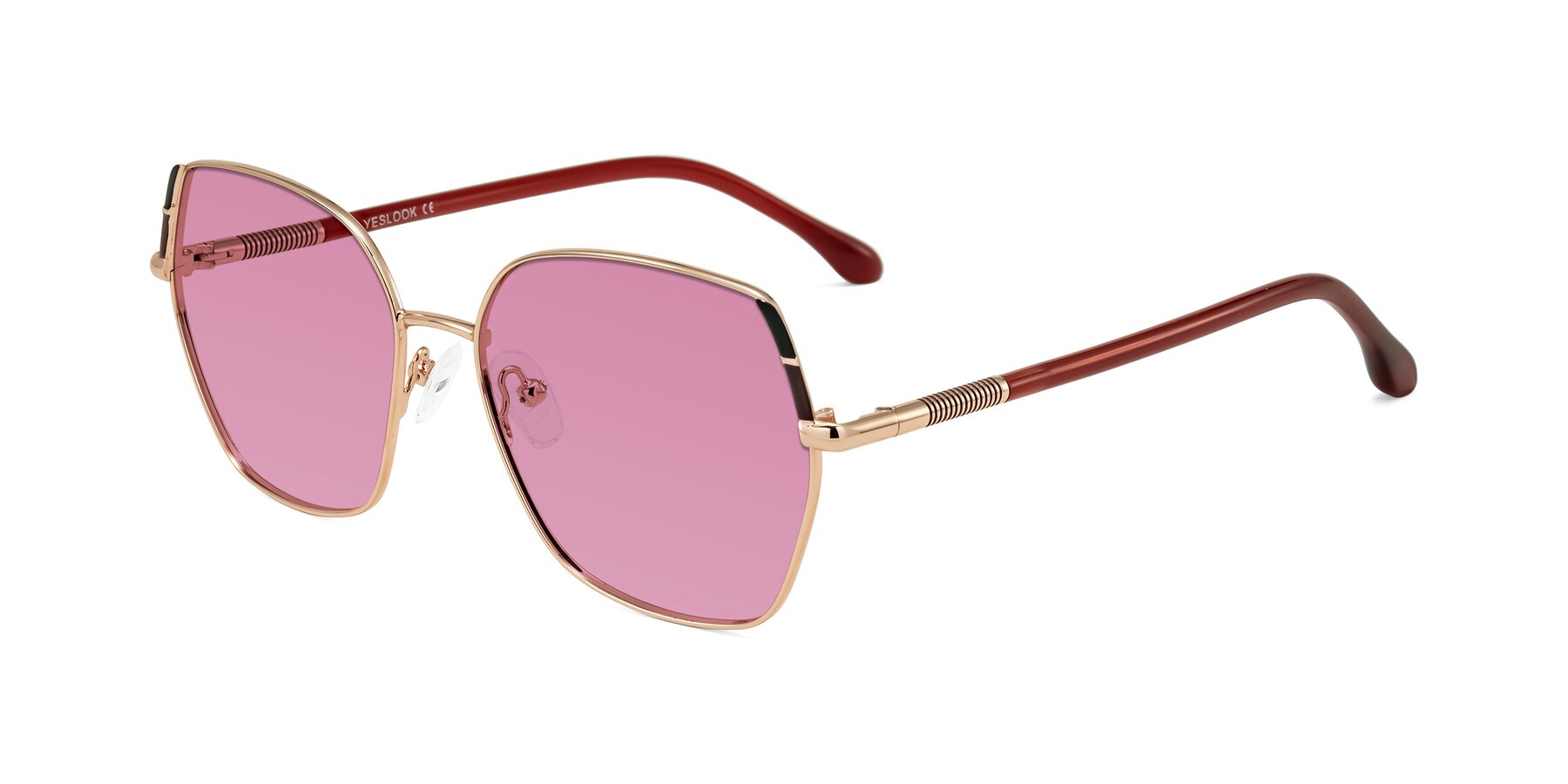 Angle of Suarie in Rose Gold/Red with Medium Wine Tinted Lenses