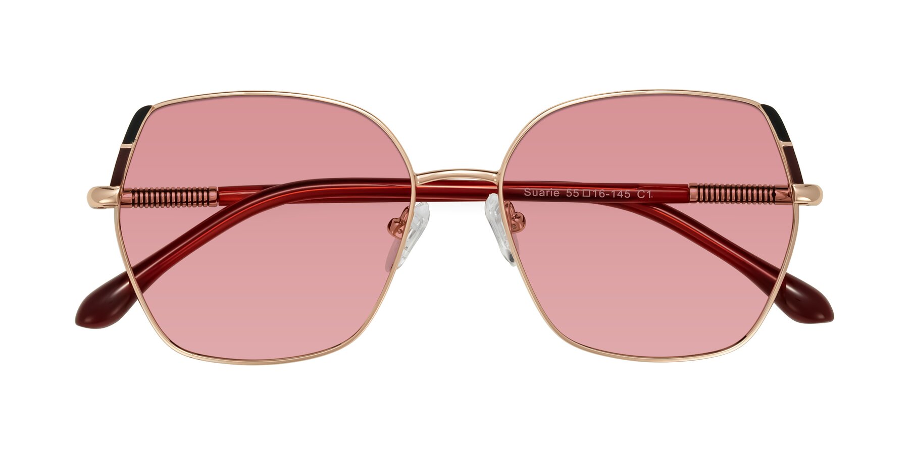 Folded Front of Suarie in Rose Gold/Red with Medium Garnet Tinted Lenses