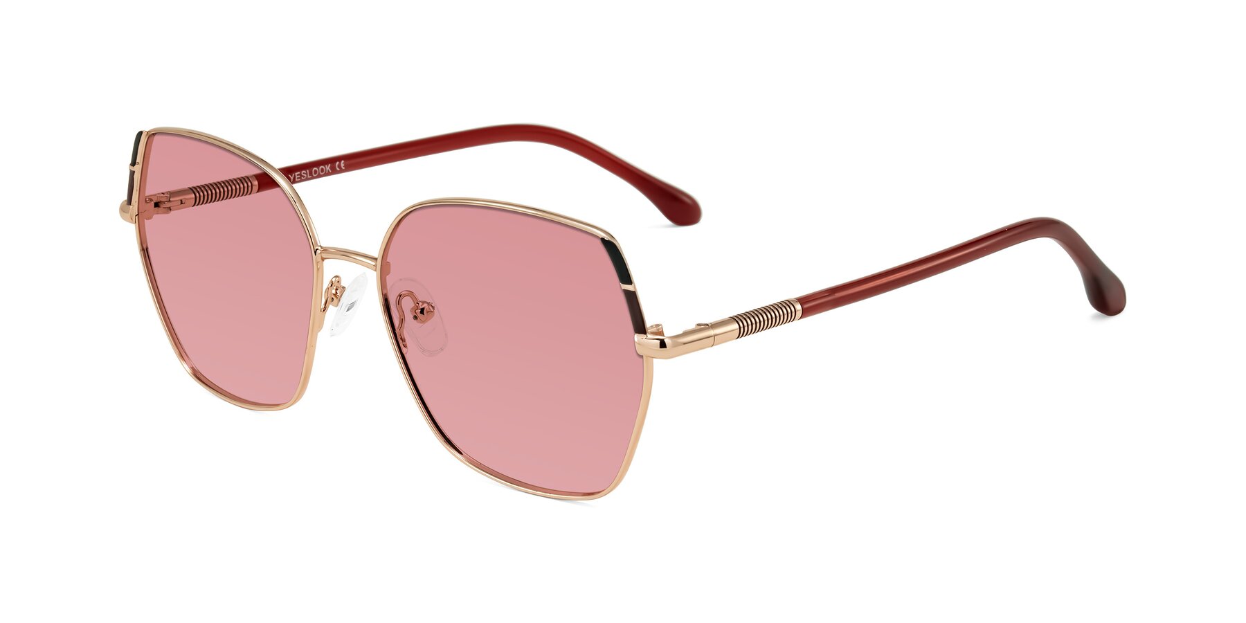 Angle of Suarie in Rose Gold/Red with Medium Garnet Tinted Lenses