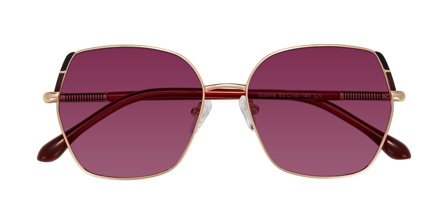 Folded Front of Suarie in Rose Gold/Red with Wine Tinted Lenses