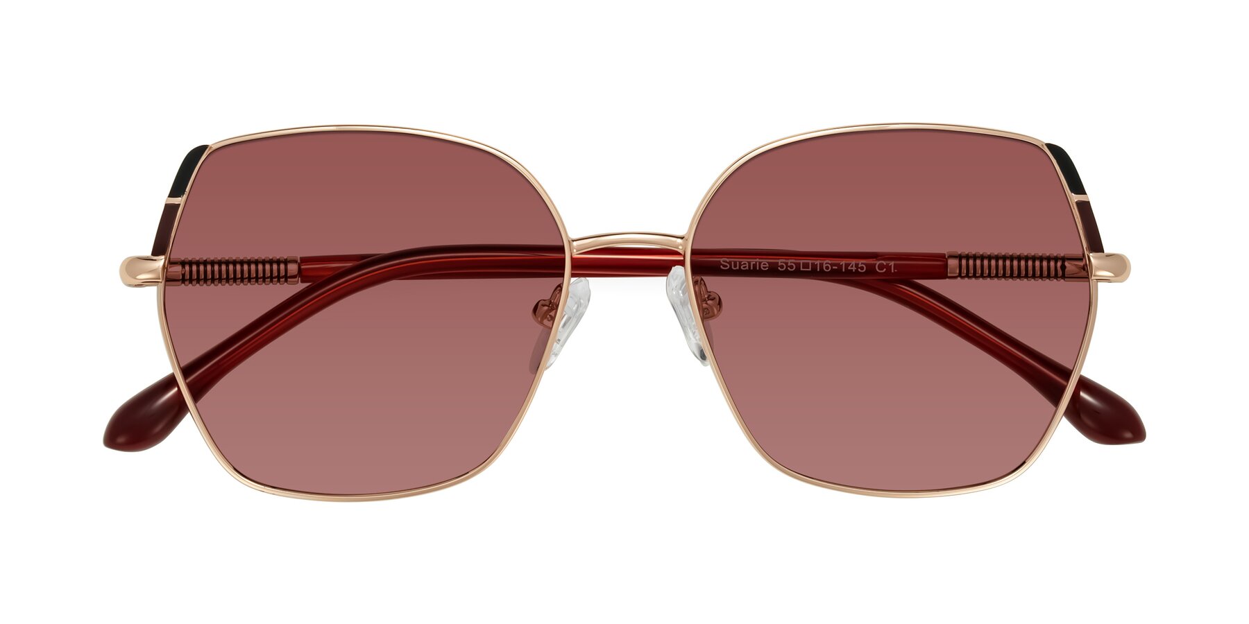 Folded Front of Suarie in Rose Gold/Red with Garnet Tinted Lenses