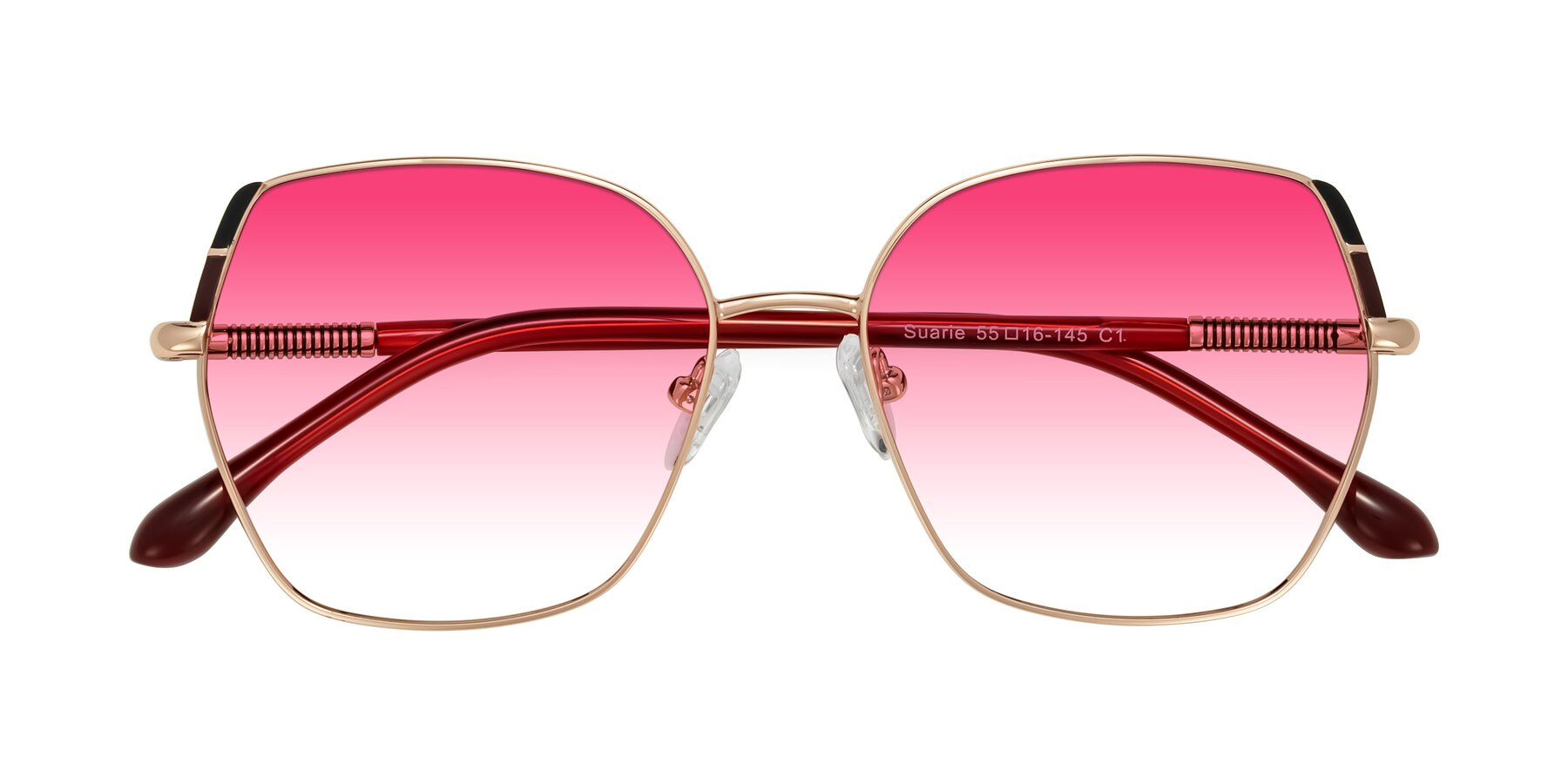 Folded Front of Suarie in Rose Gold/Red with Pink Gradient Lenses