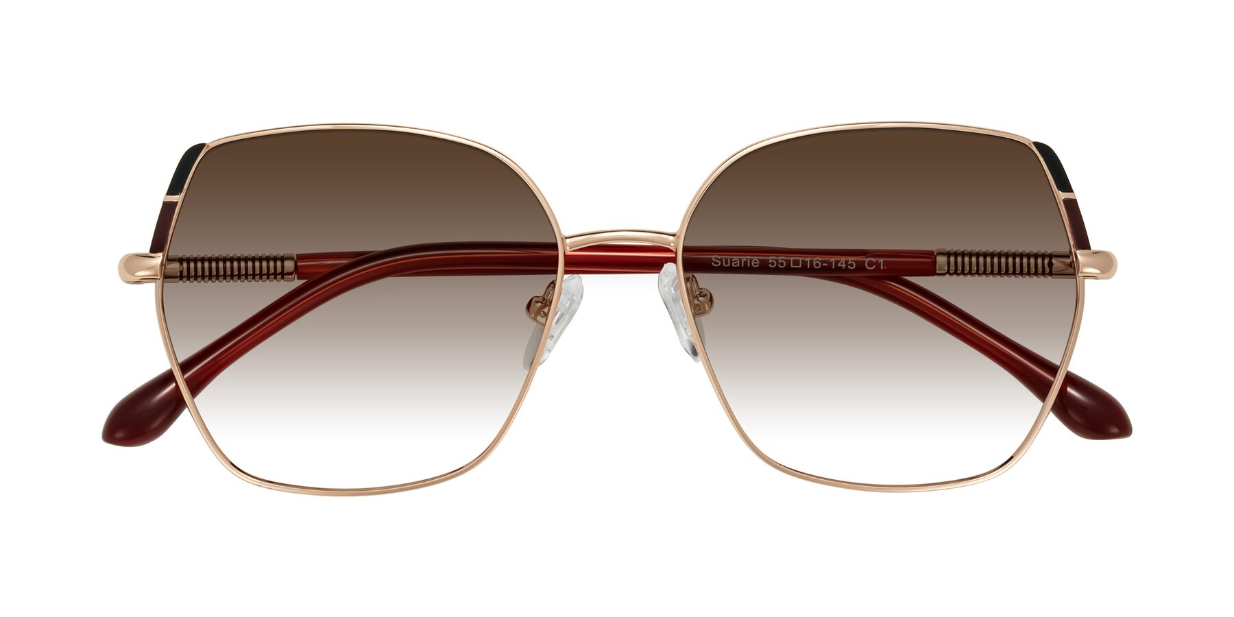 Folded Front of Suarie in Rose Gold/Red with Brown Gradient Lenses