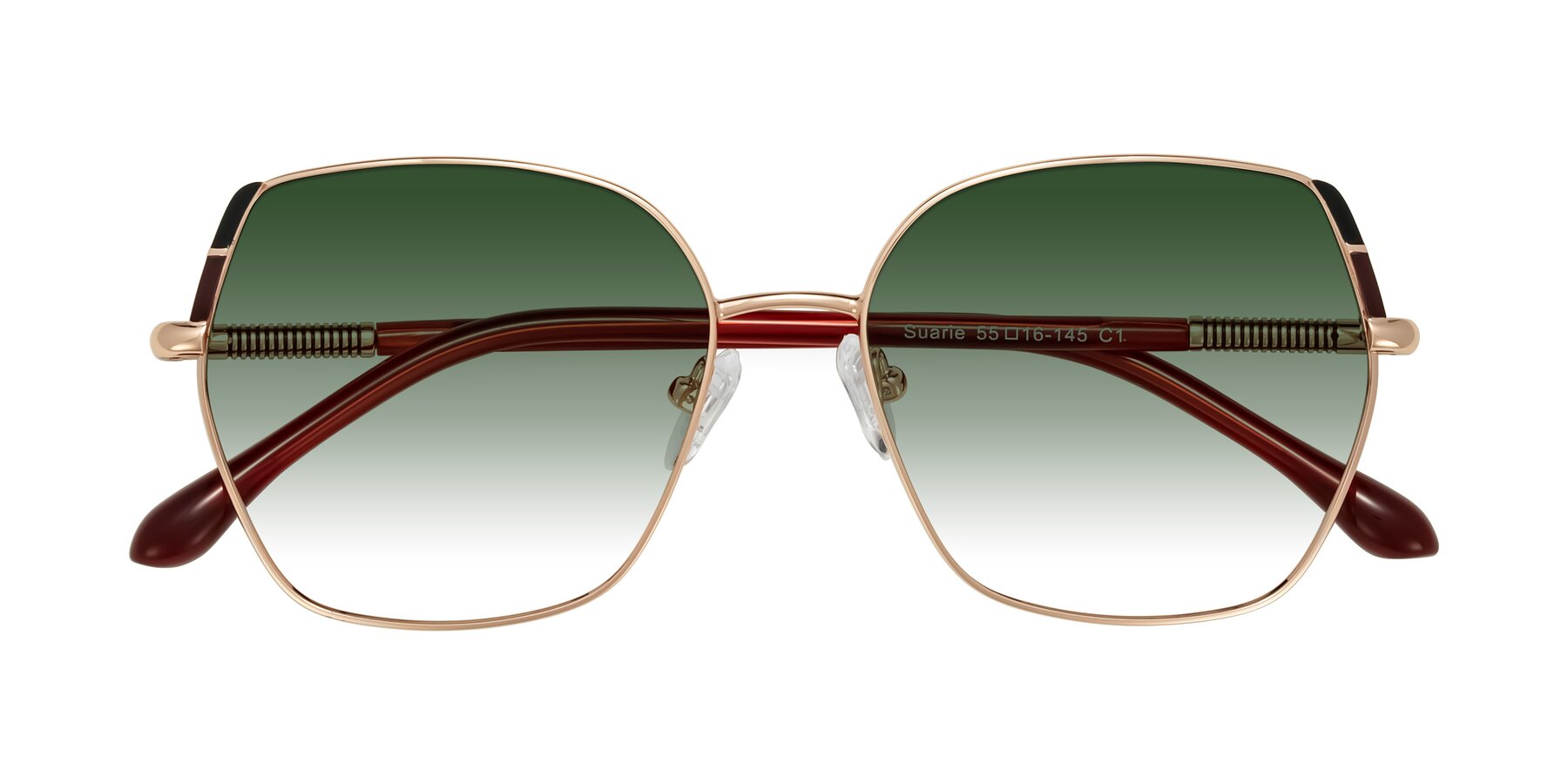Folded Front of Suarie in Rose Gold/Red with Green Gradient Lenses
