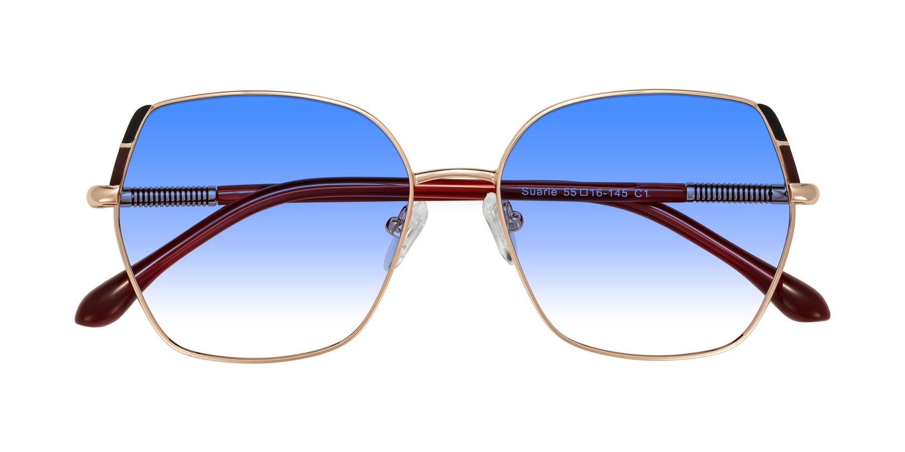 Folded Front of Suarie in Rose Gold/Red with Blue Gradient Lenses