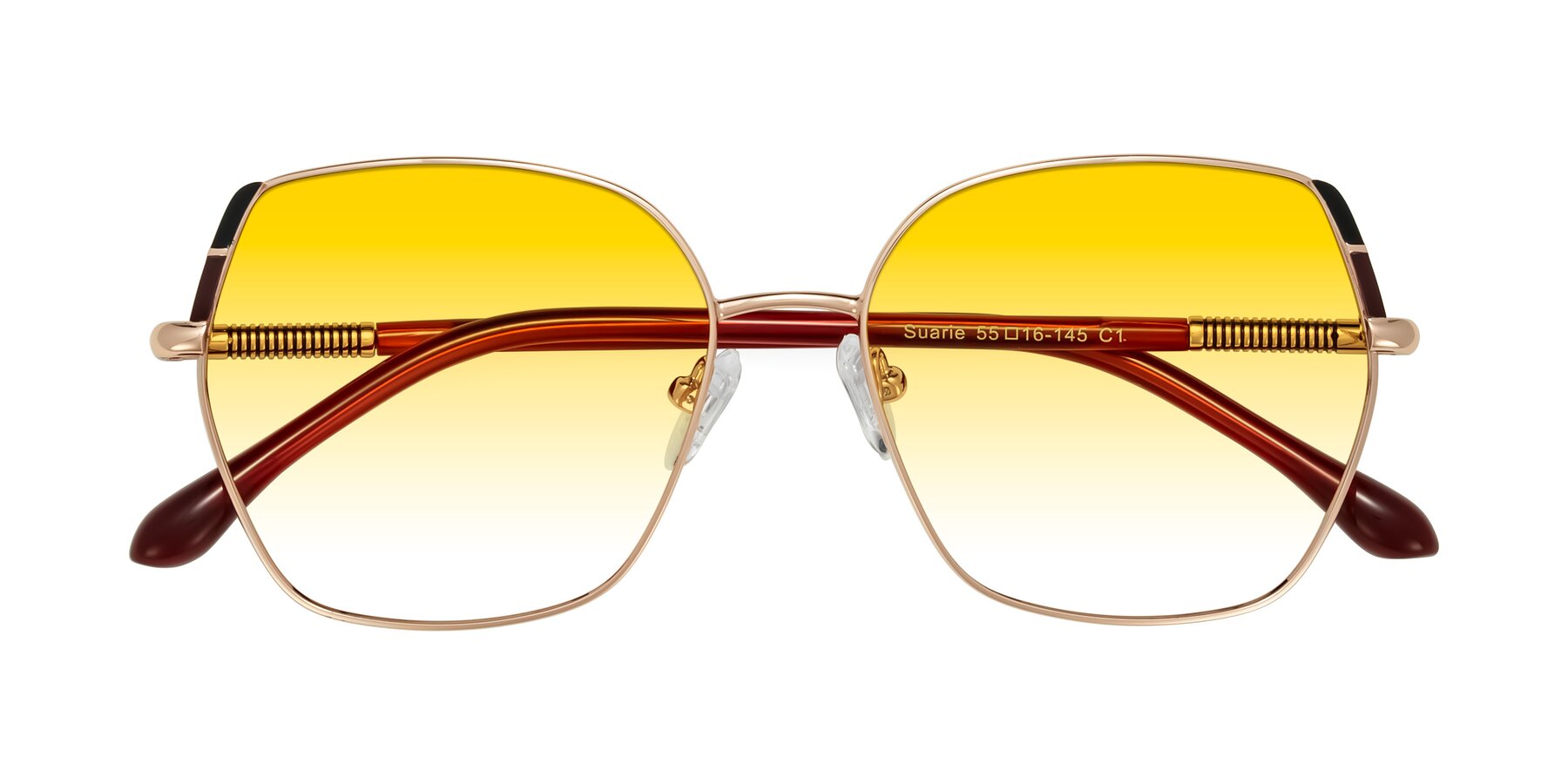 Folded Front of Suarie in Rose Gold/Red with Yellow Gradient Lenses