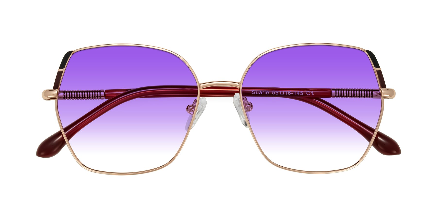 Folded Front of Suarie in Rose Gold/Red with Purple Gradient Lenses