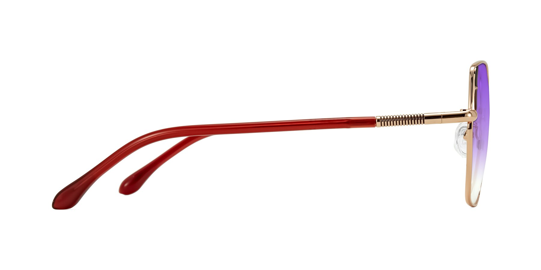 Side of Suarie in Rose Gold/Red with Purple Gradient Lenses