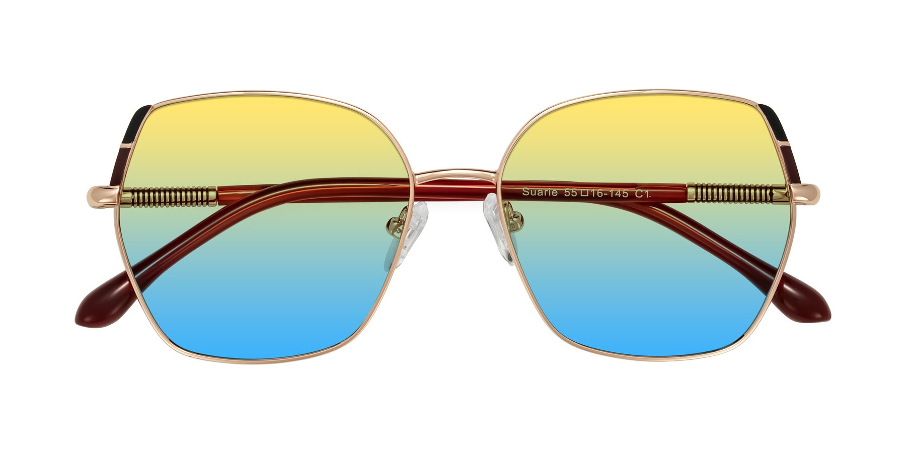Folded Front of Suarie in Rose Gold/Red with Yellow / Blue Gradient Lenses