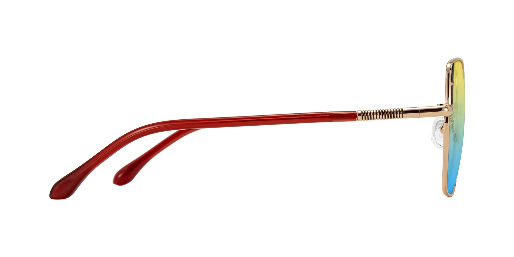 Side of Suarie in Rose Gold/Red with Yellow / Blue Gradient Lenses