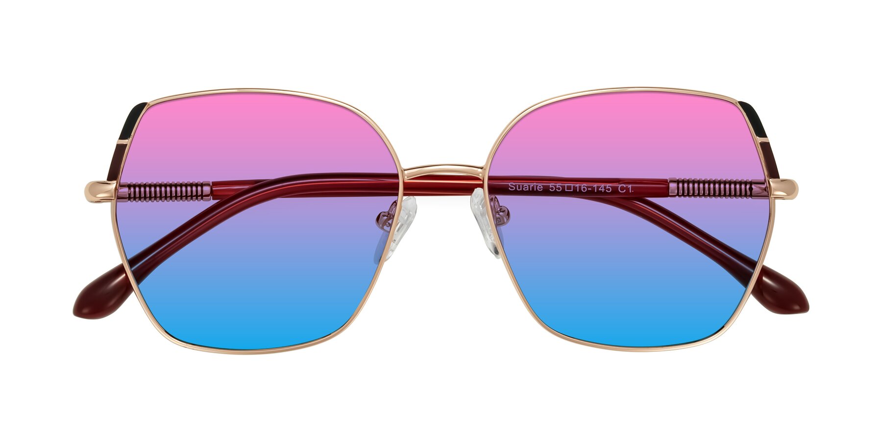 Folded Front of Suarie in Rose Gold/Red with Pink / Blue Gradient Lenses