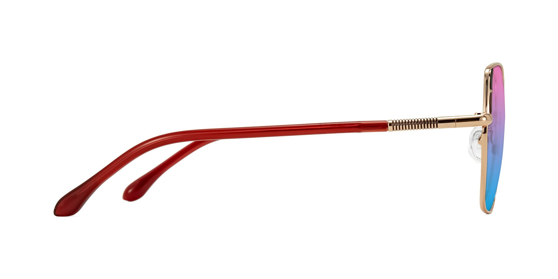 Side of Suarie in Rose Gold/Red with Pink / Blue Gradient Lenses