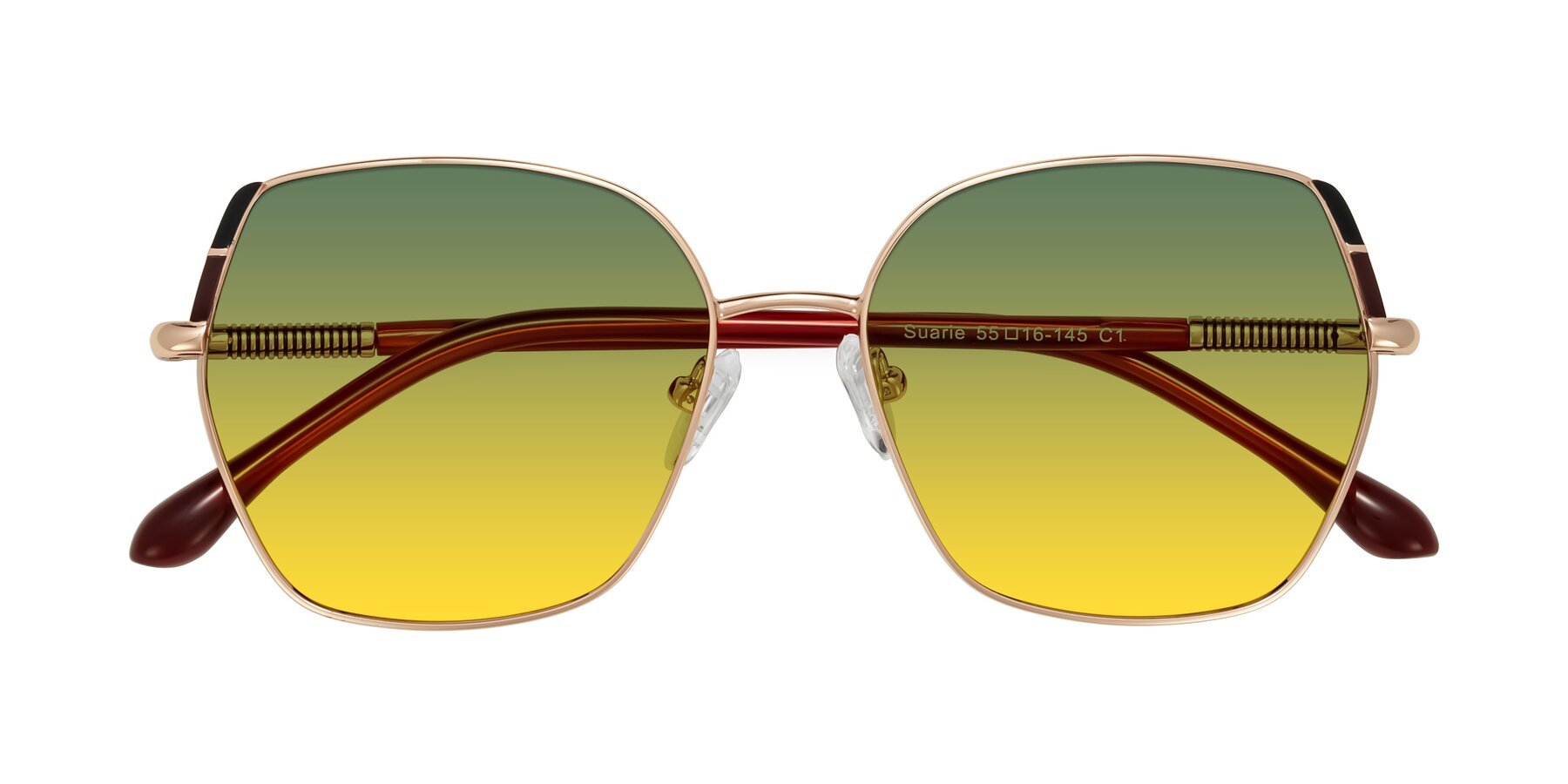 Folded Front of Suarie in Rose Gold/Red with Green / Yellow Gradient Lenses