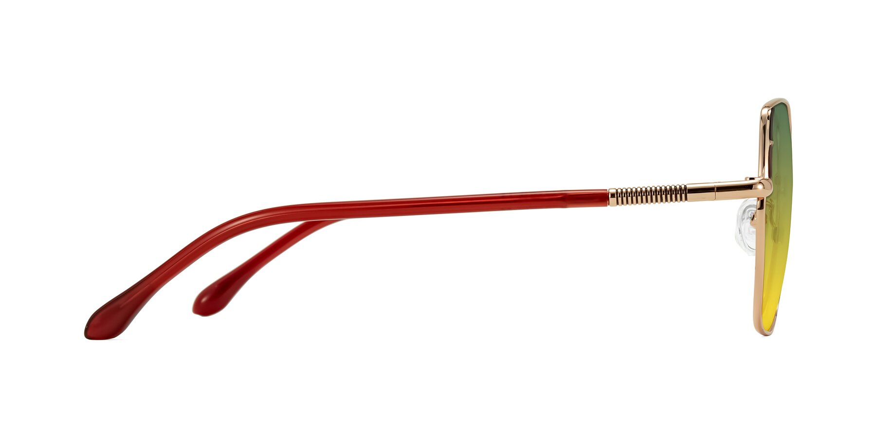 Side of Suarie in Rose Gold/Red with Green / Yellow Gradient Lenses