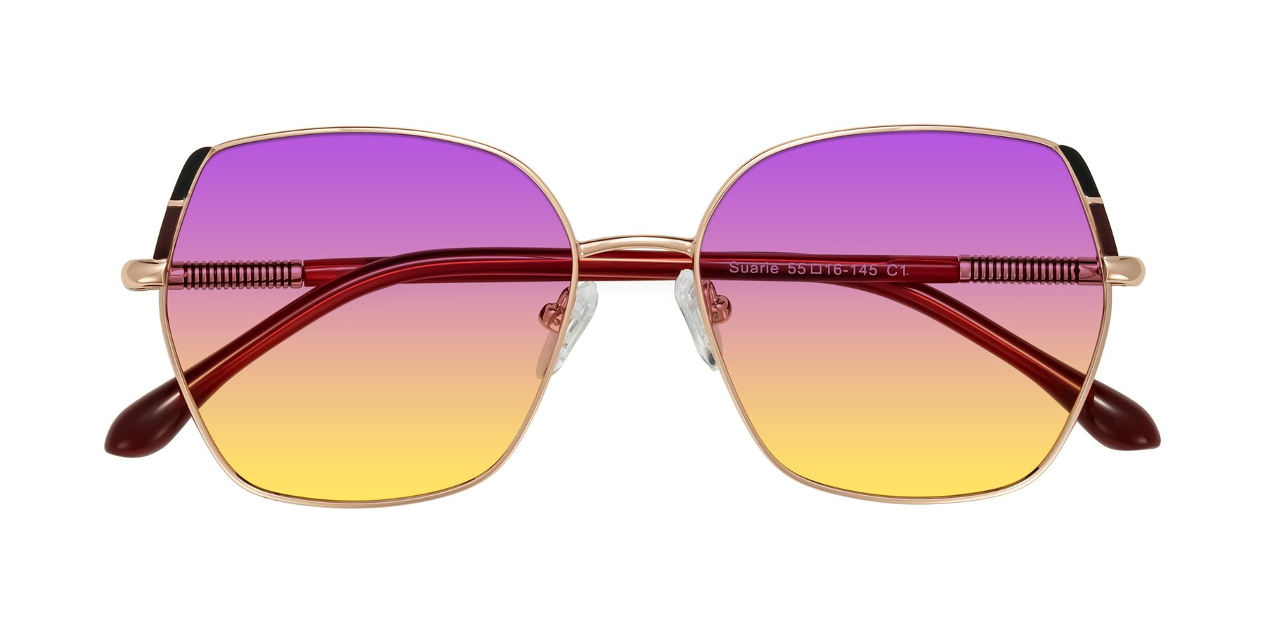 Folded Front of Suarie in Rose Gold/Red with Purple / Yellow Gradient Lenses