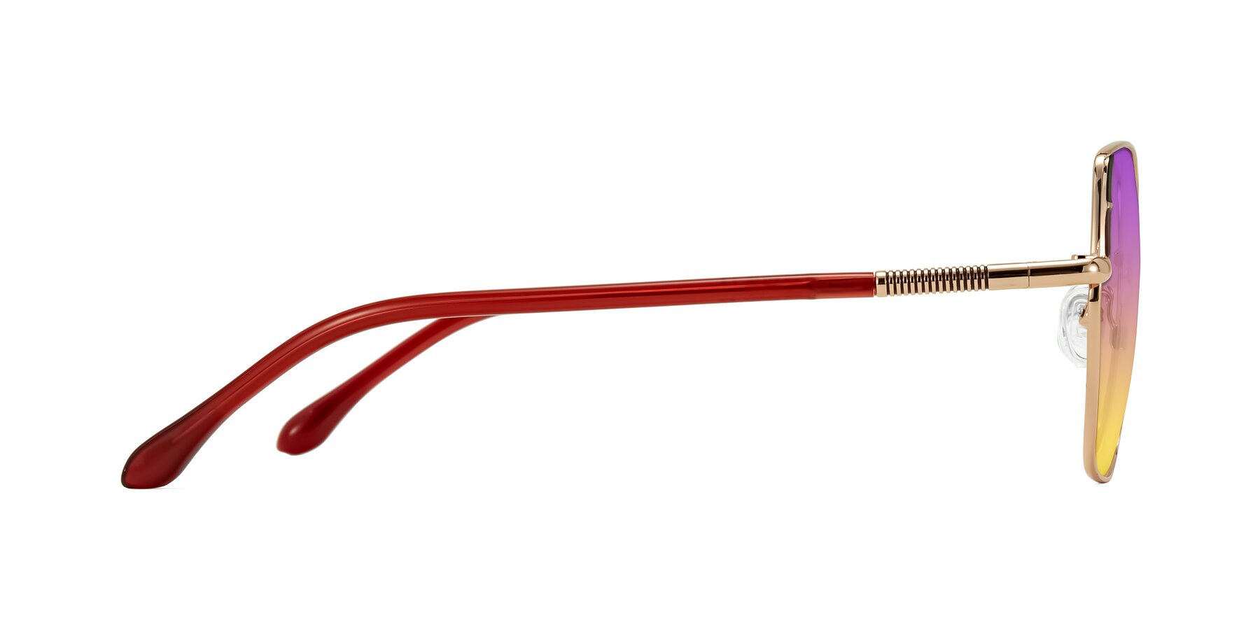 Side of Suarie in Rose Gold/Red with Purple / Yellow Gradient Lenses