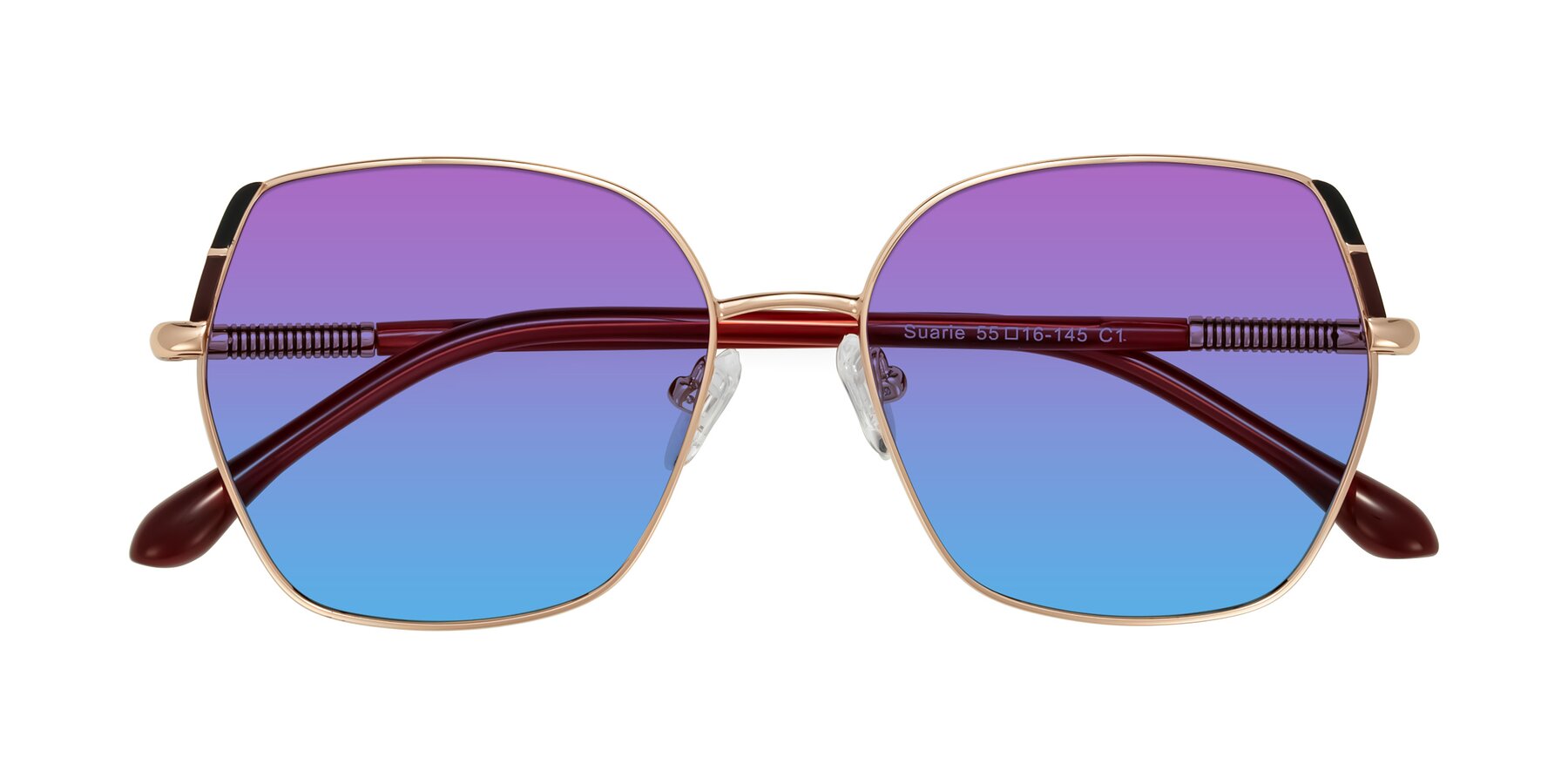 Folded Front of Suarie in Rose Gold/Red with Purple / Blue Gradient Lenses