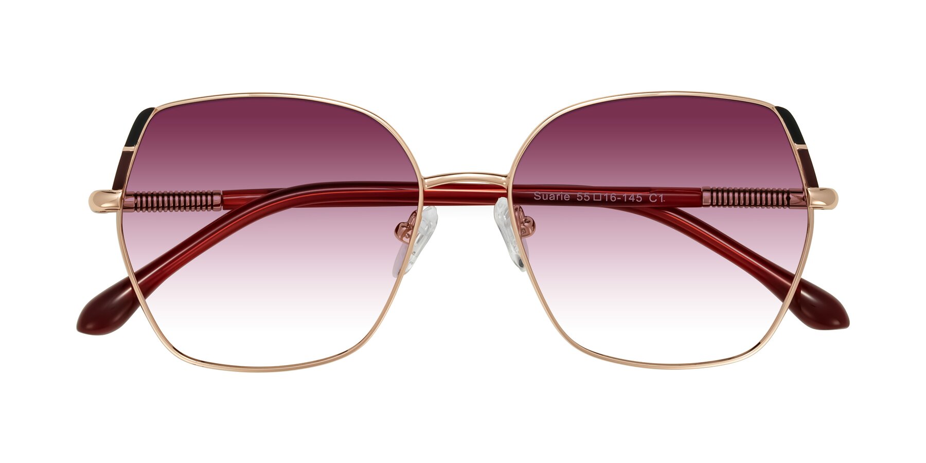 Folded Front of Suarie in Rose Gold/Red with Wine Gradient Lenses