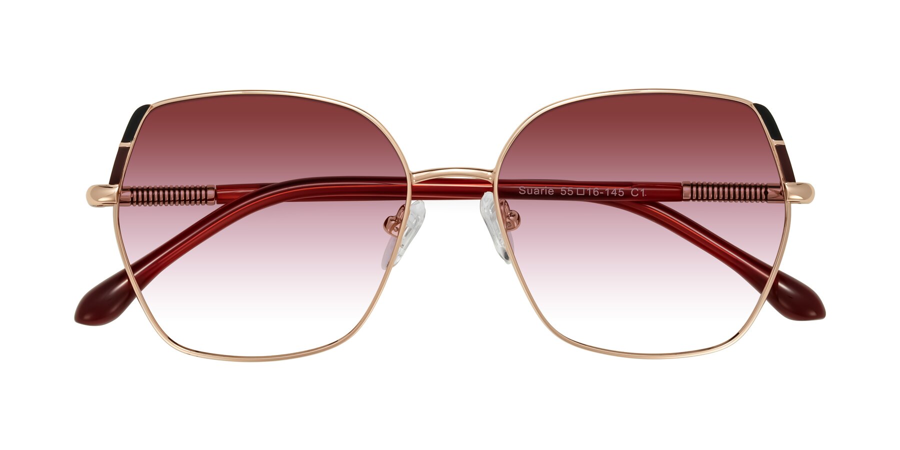 Folded Front of Suarie in Rose Gold/Red with Garnet Gradient Lenses
