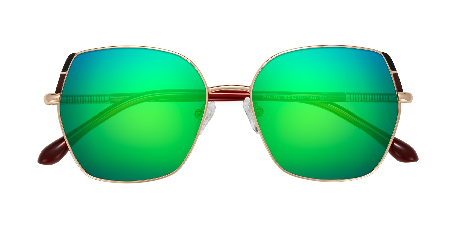 Folded Front of Suarie in Rose Gold/Red with Green Mirrored Lenses