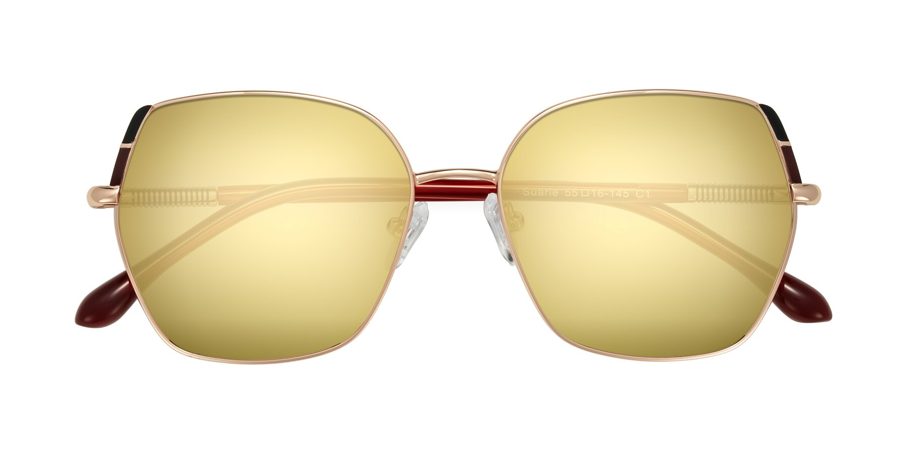 Folded Front of Suarie in Rose Gold/Red with Gold Mirrored Lenses