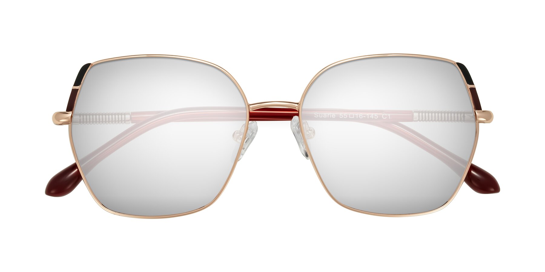 Folded Front of Suarie in Rose Gold/Red with Silver Mirrored Lenses