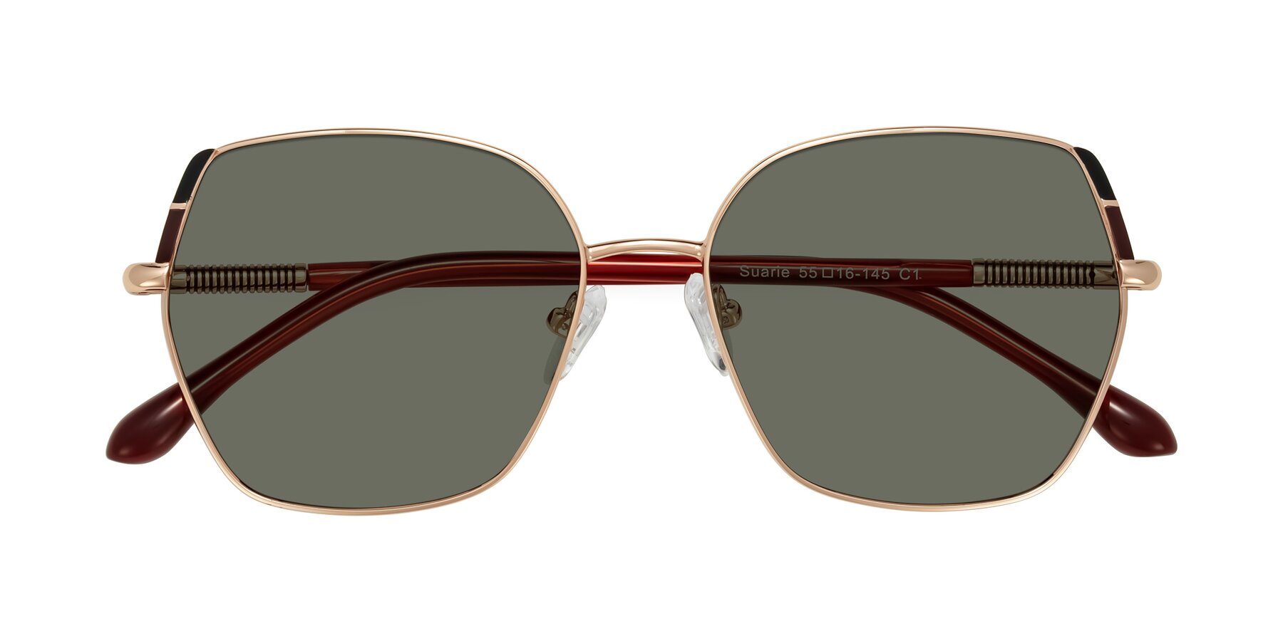 Folded Front of Suarie in Rose Gold/Red with Gray Polarized Lenses