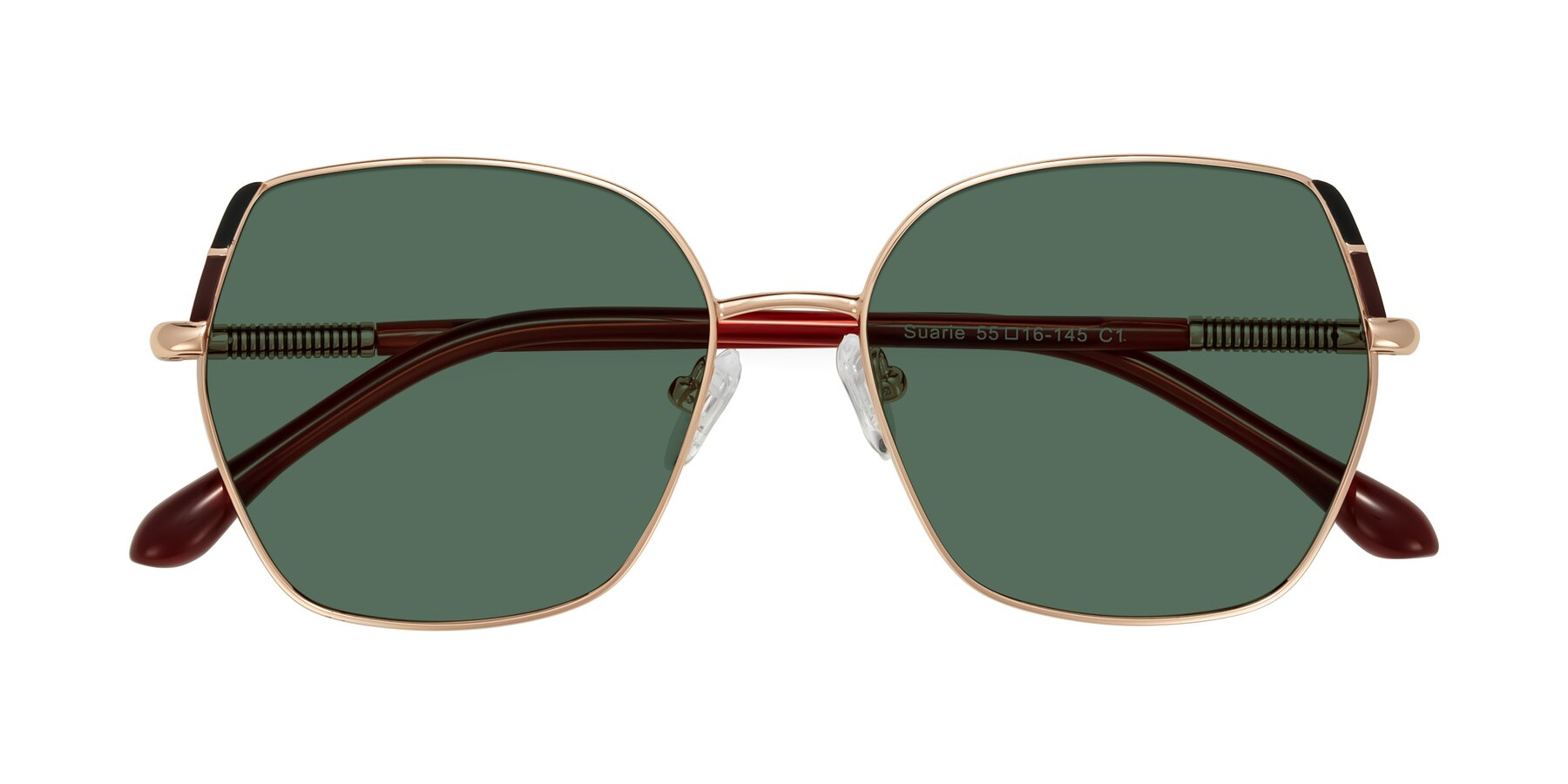 Folded Front of Suarie in Rose Gold/Red with Green Polarized Lenses